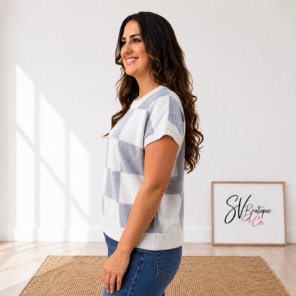 Gray Cozy Checkered Short Sleeve Knit Top - SV Boutique & Co.