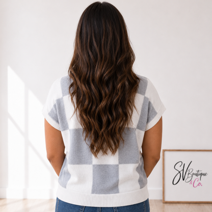 Gray Cozy Checkered Short Sleeve Knit Top - SV Boutique & Co.