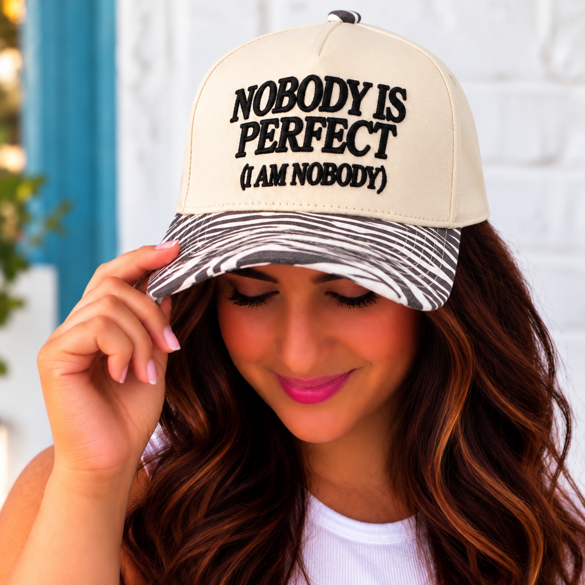 Nobody's Perfect Zebra Print Trucker Hat
