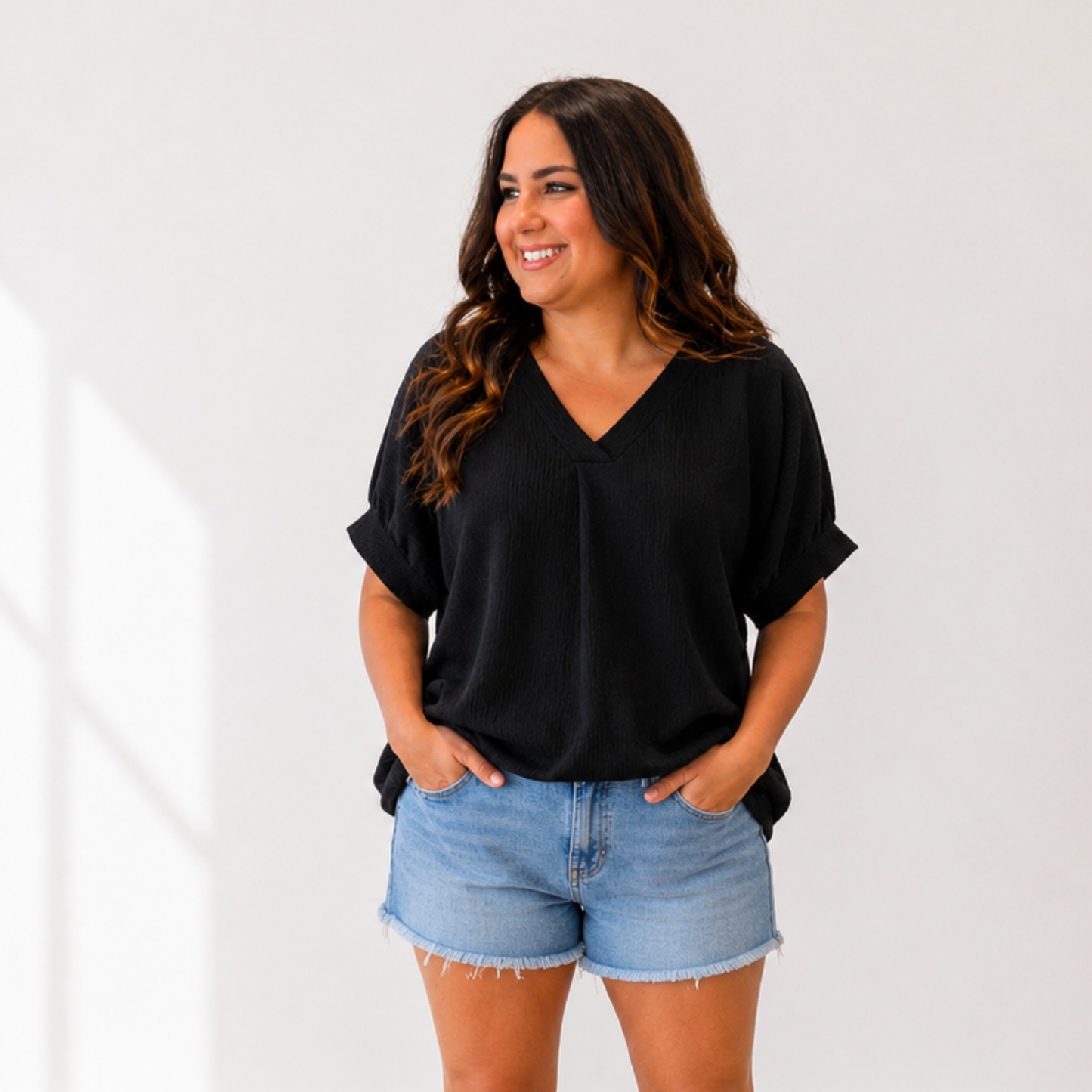 Black V-Neck Short Sleeve Crinkle Top - SV Boutique & Co.