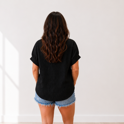 Black V-Neck Short Sleeve Crinkle Top - SV Boutique & Co.