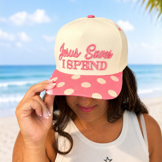 Jesus Saves I Spend Polka Dot Trucker Hat