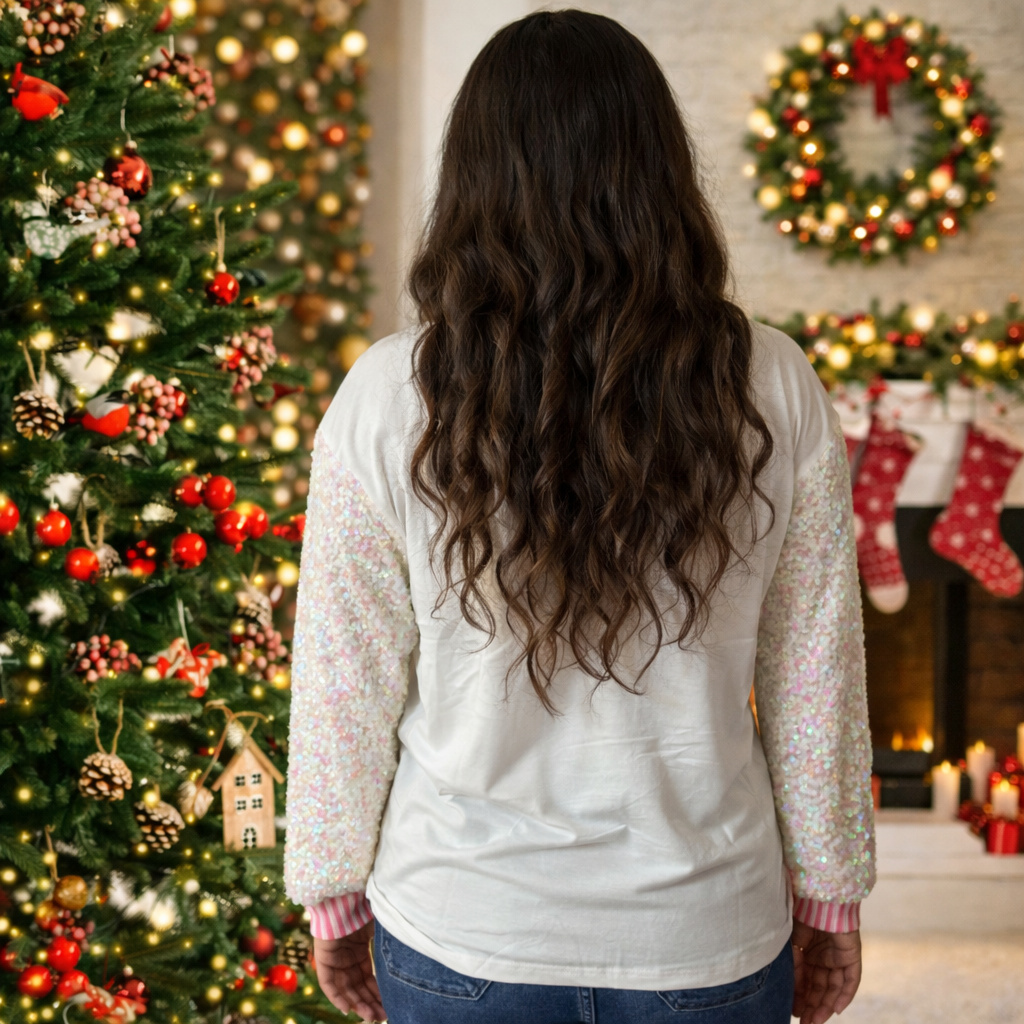 Glittery Nutcrackers on White Top with Sequin Sleeves by Emma+ Grace - SV Boutique & Co.