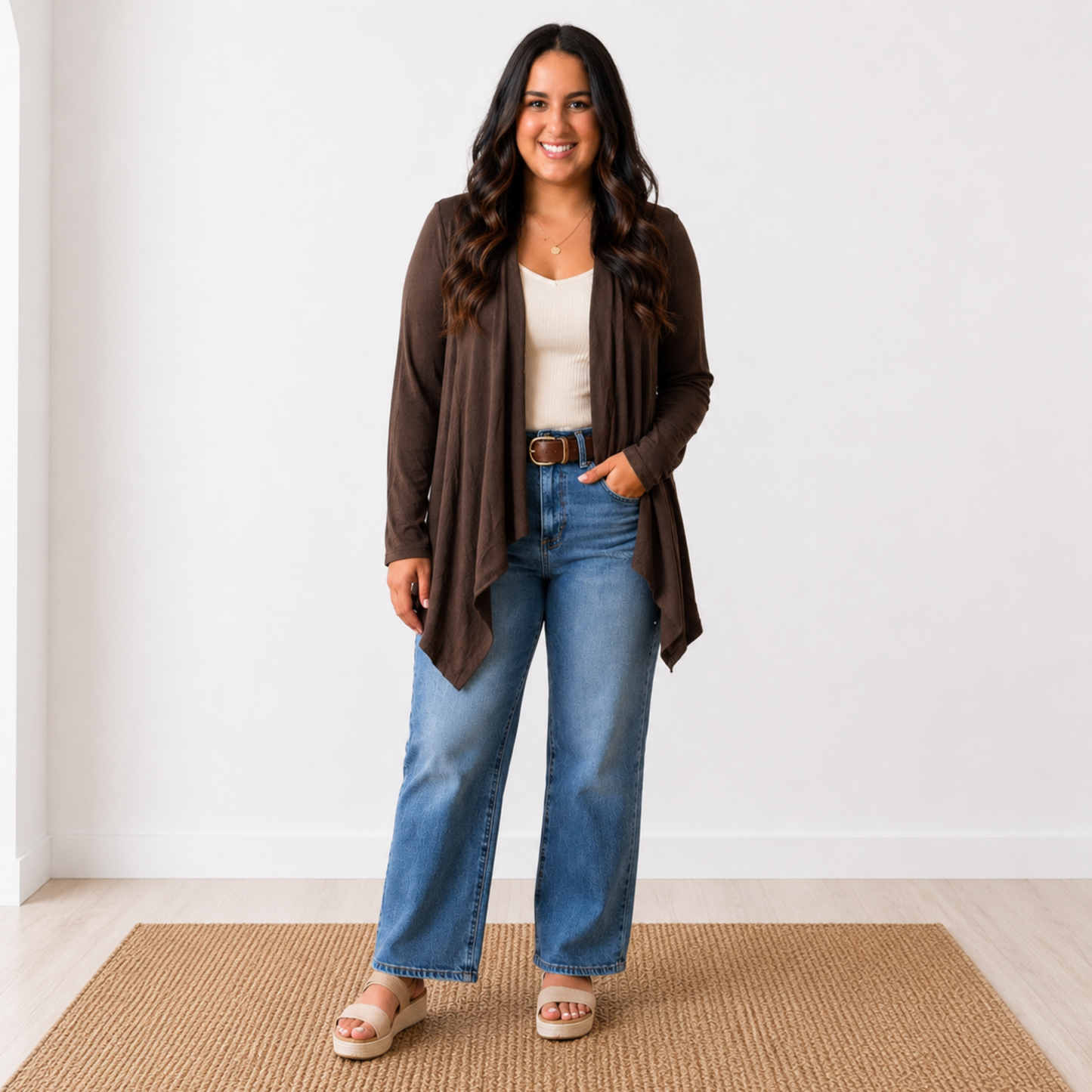 Soft Drape Open Front Chocolate Cardigan