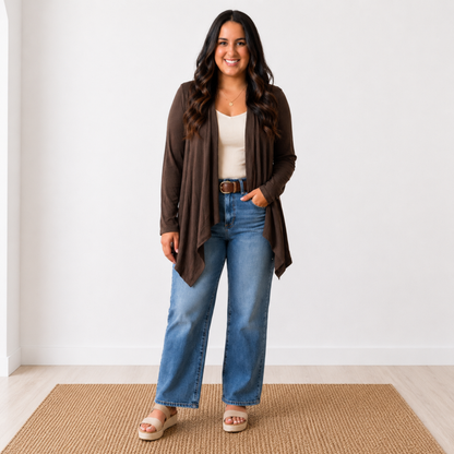Soft Drape Open Front Chocolate Cardigan