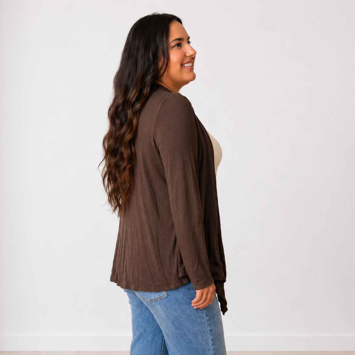 Soft Drape Open Front Chocolate Cardigan