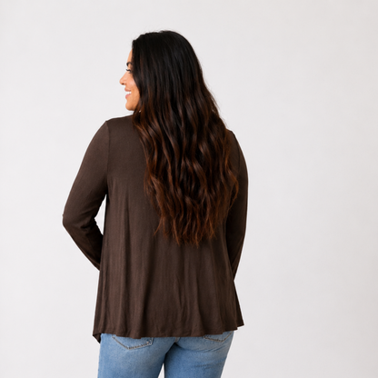 Soft Drape Open Front Chocolate Cardigan
