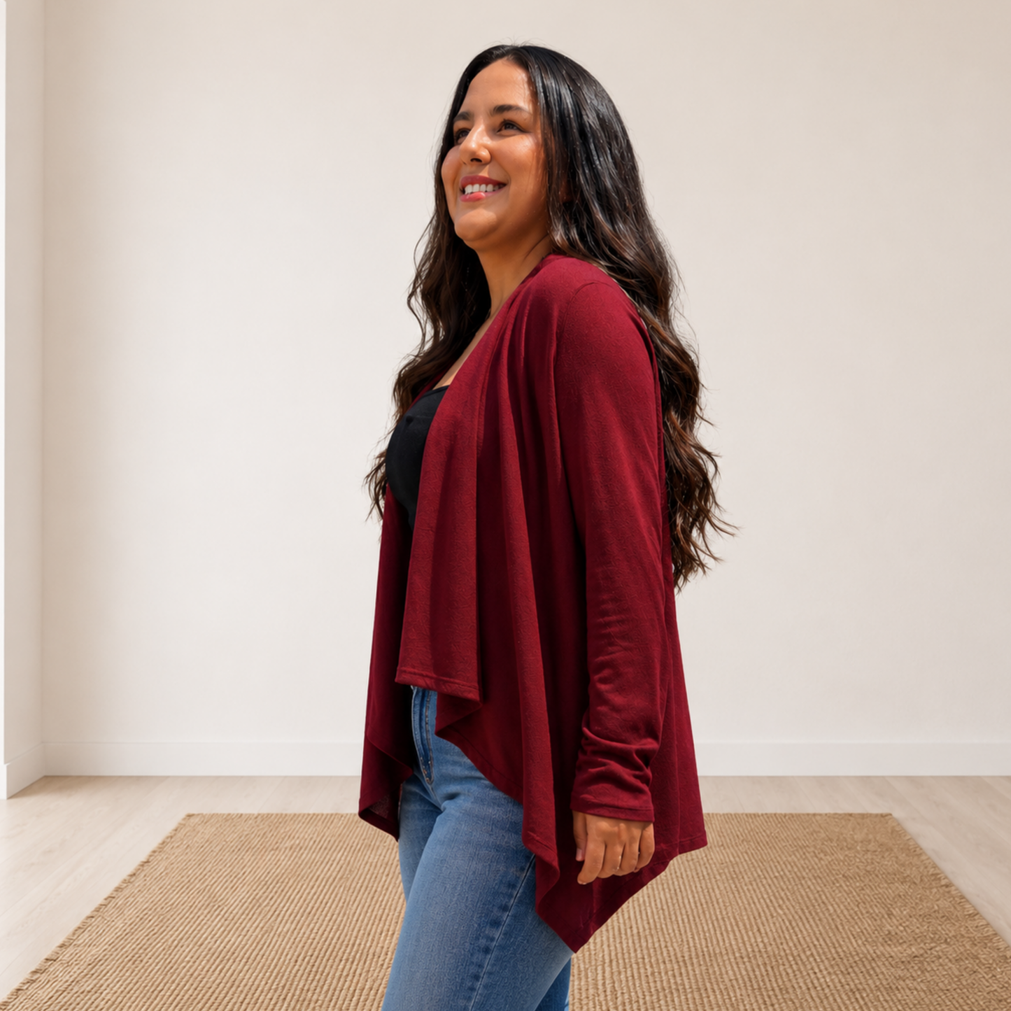 Soft Drape Open Front Wine Cardigan