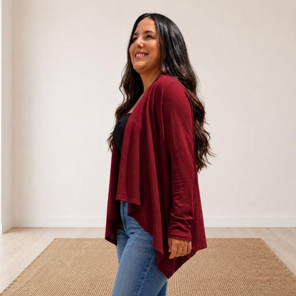 Soft Drape Open Front Wine Cardigan