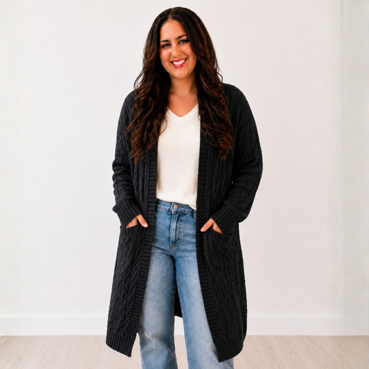 Women Cable Knit Cardigan Open Front Long Pocket Hooded Casual Outwear Sweater FINAL SALE