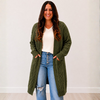 Women Cable Knit Cardigan Open Front Long Pocket Hooded Casual Outwear Sweater FINAL SALE - SV Boutique & Co.