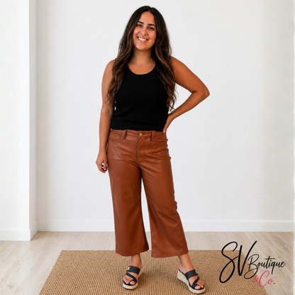 Camel Faux Leather Pants Judy Blue - SV Boutique & Co.