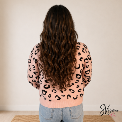 Pink Leopard Print Knit Sweater White Birch - SV Boutique & Co.
