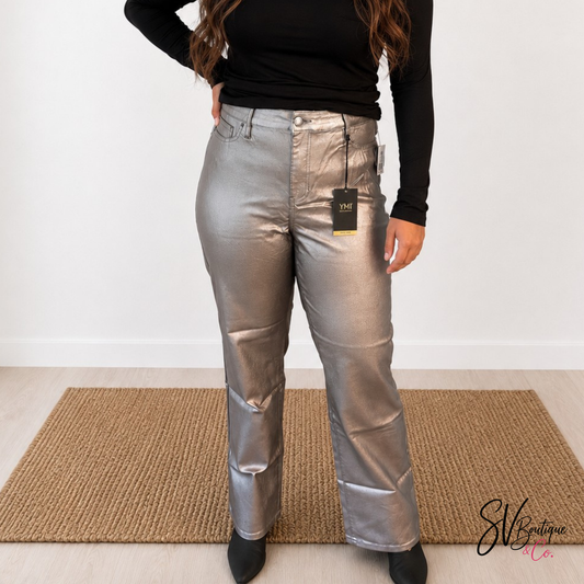 Metallic High Rise Hyperstretch Straight Leg - SV Boutique & Co.