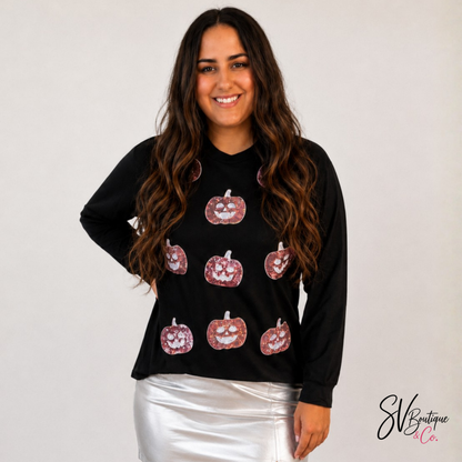 Pumpkin Sequin Long Sleeve Top - SV Boutique & Co.