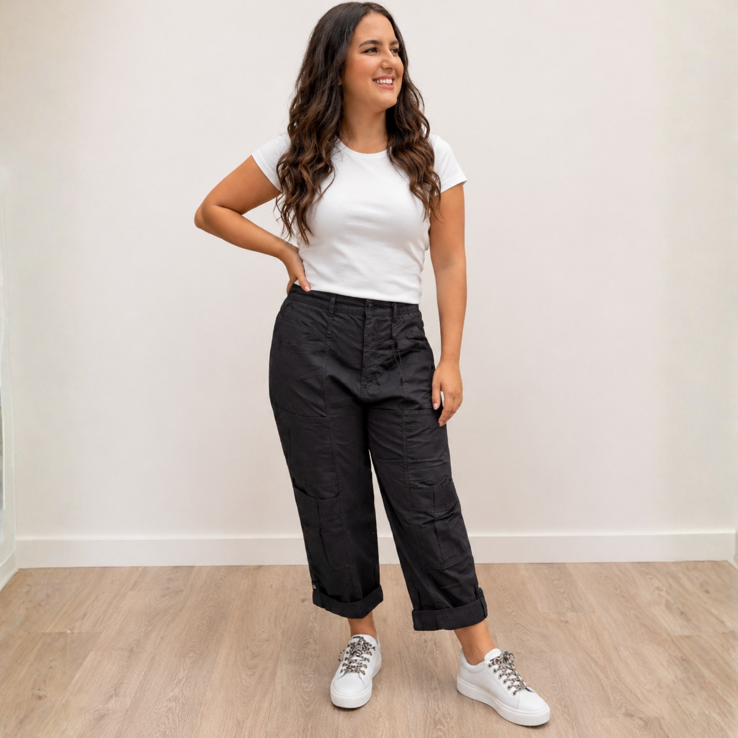 Black Crop Cargo Pants with Roll Tab Hem Final Sale - SV Boutique & Co.