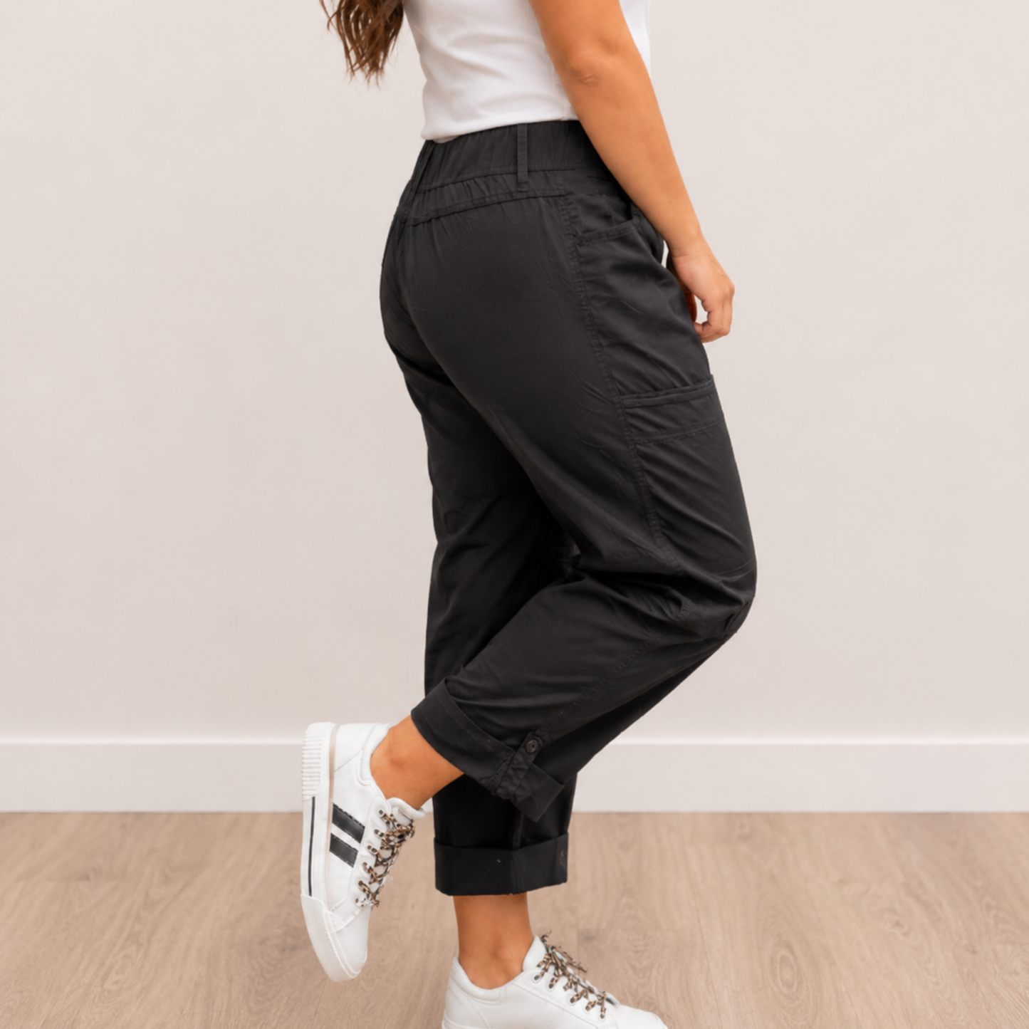 Black Crop Cargo Pants with Roll Tab Hem Final Sale - SV Boutique & Co.