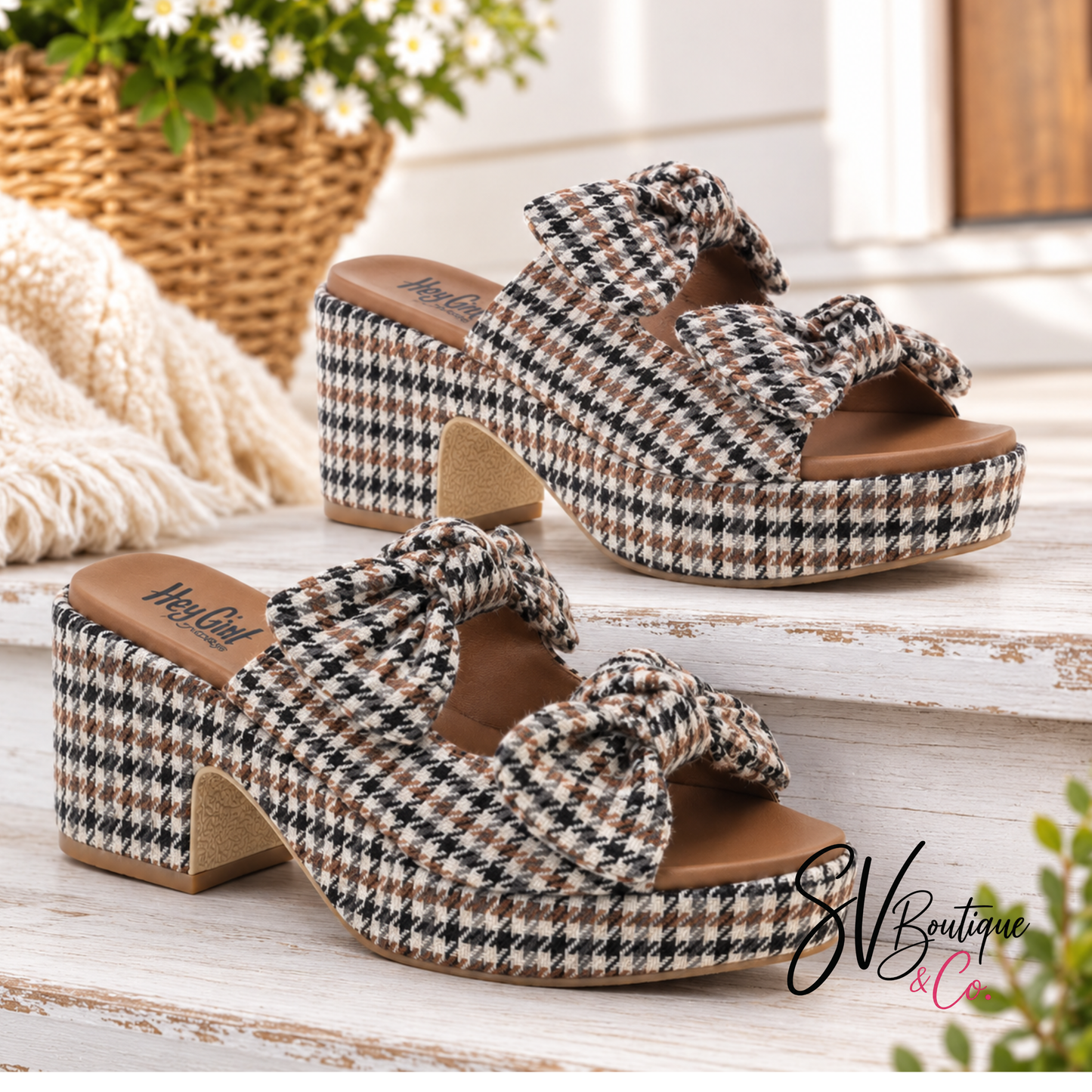 Corky's Black Tan Houndstooth Put A Bow On It Chunky Sandals - SV Boutique & Co.