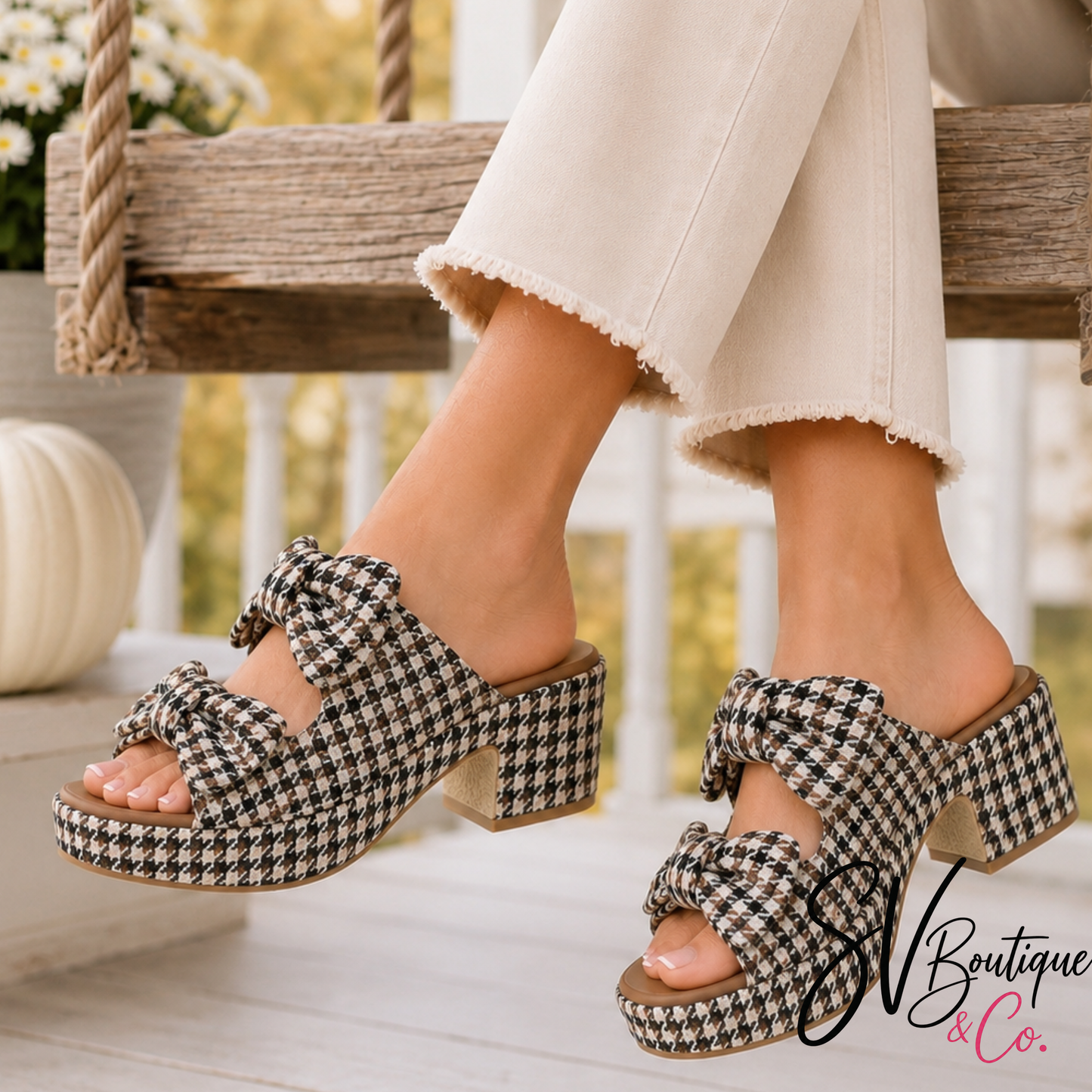 Corky's Black Tan Houndstooth Put A Bow On It Chunky Sandals - SV Boutique & Co.