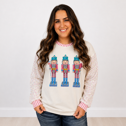 Glittery Nutcrackers on White Top with Sequin Sleeves by Emma+ Grace - SV Boutique & Co.