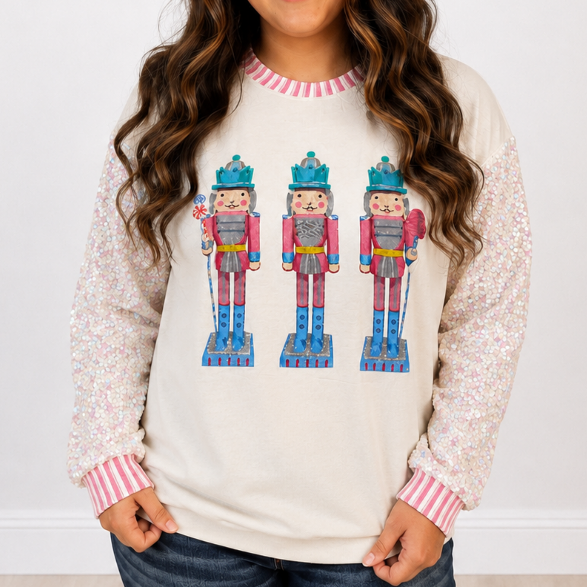 Glittery Nutcrackers on White Top with Sequin Sleeves by Emma+ Grace - SV Boutique & Co.