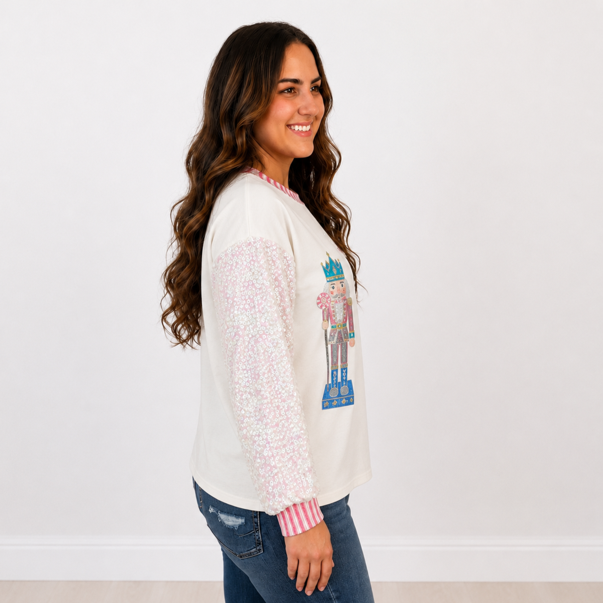 Glittery Nutcrackers on White Top with Sequin Sleeves by Emma+ Grace - SV Boutique & Co.