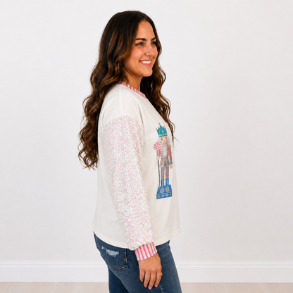 Glittery Nutcrackers on White Top with Sequin Sleeves by Emma+ Grace - SV Boutique & Co.