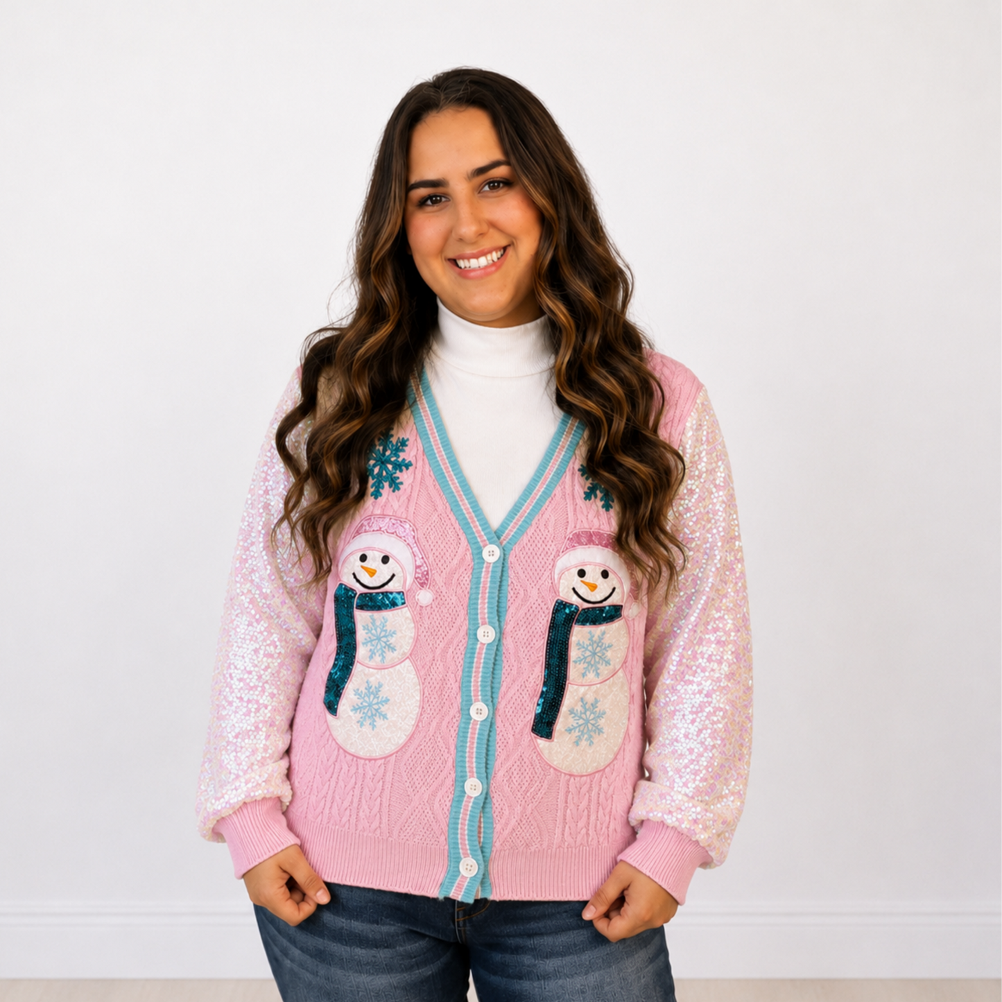 Frosty Snowman Cardigan with Sequin Sleeves Grace + Emma - SV Boutique & Co.