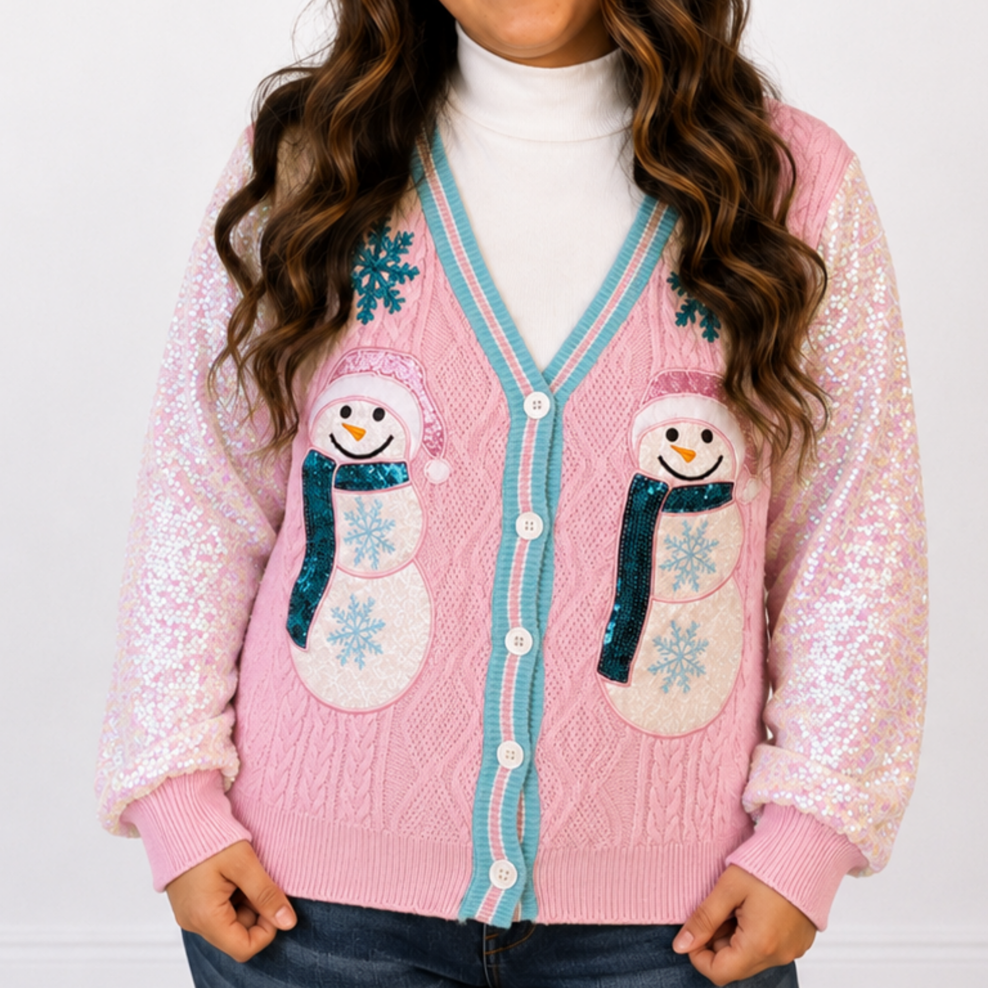 Frosty Snowman Cardigan with Sequin Sleeves Grace + Emma - SV Boutique & Co.