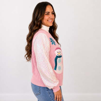 Frosty Snowman Cardigan with Sequin Sleeves Grace + Emma - SV Boutique & Co.