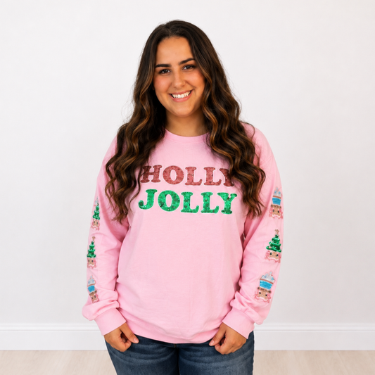 Holly Jolly Sequin On Pink Sweatshirt