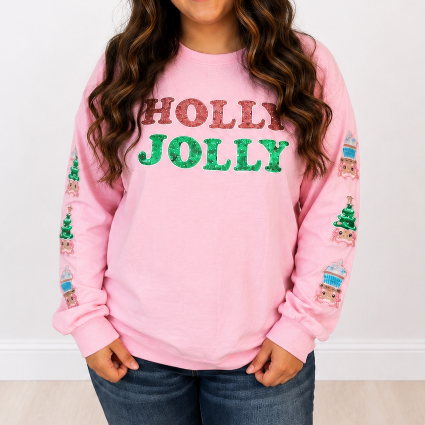 Holly Jolly Sequin On Pink Sweatshirt