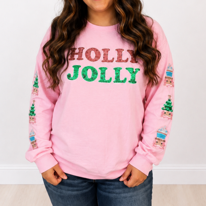 Holly Jolly Sequin On Pink Sweatshirt