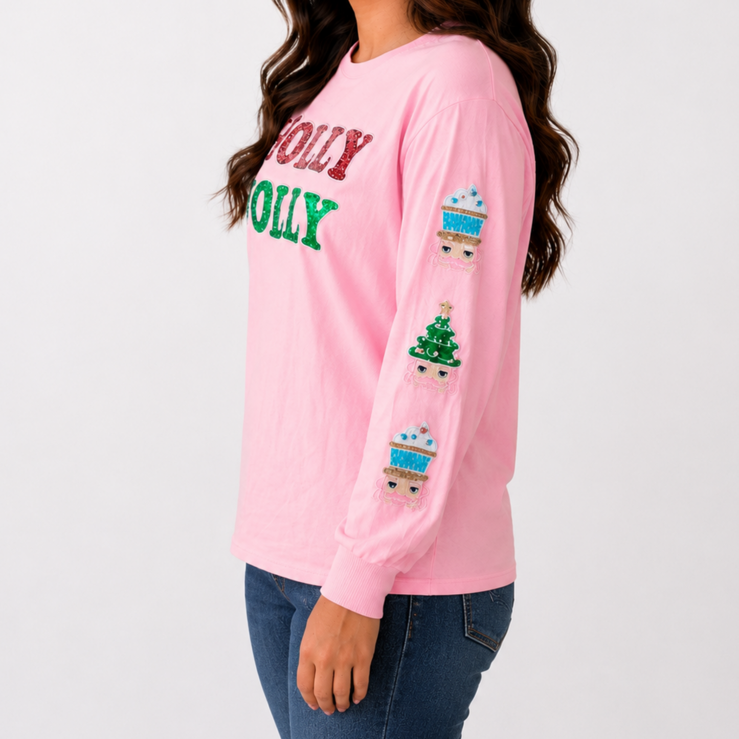 Holly Jolly Sequin On Pink Sweatshirt