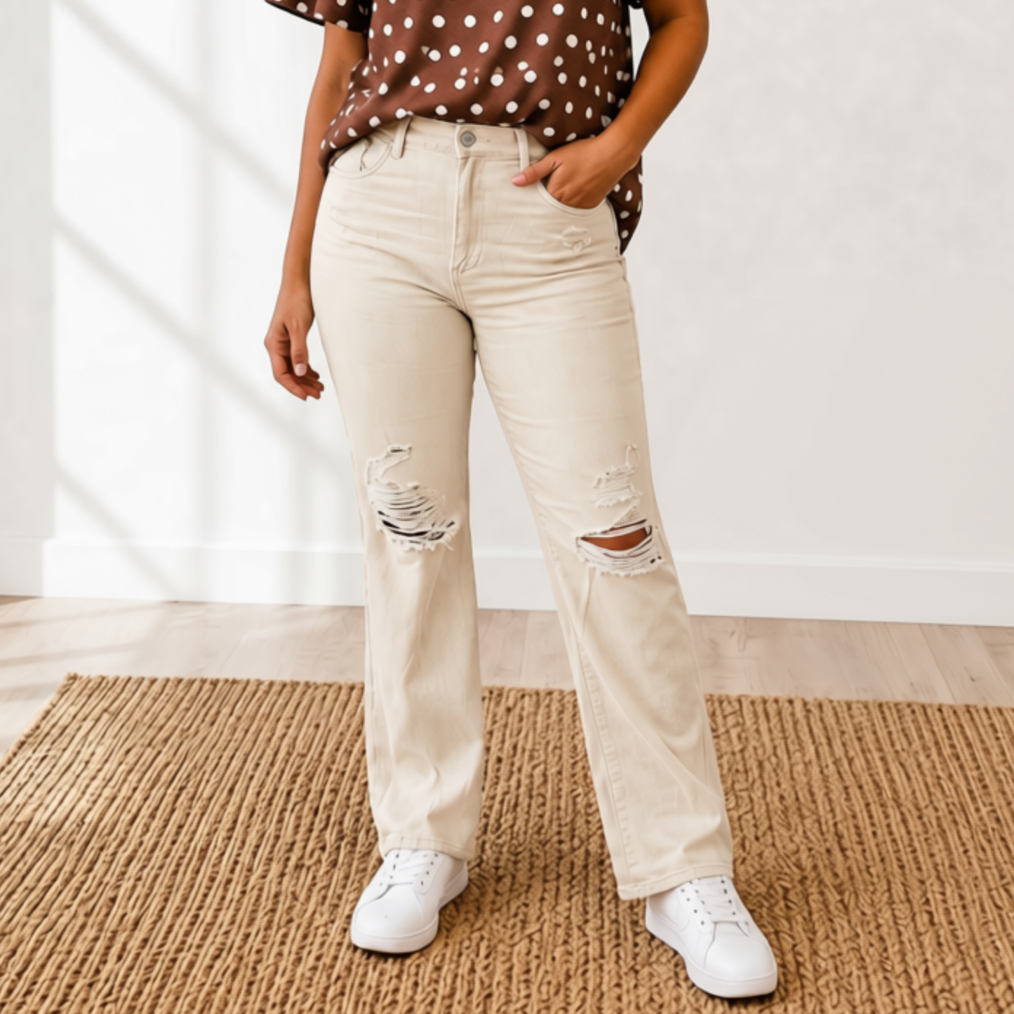 Judy Blue High Rise Beige Garment Dyed Destroy 90's Straight- Final Sale - SV Boutique & Co.