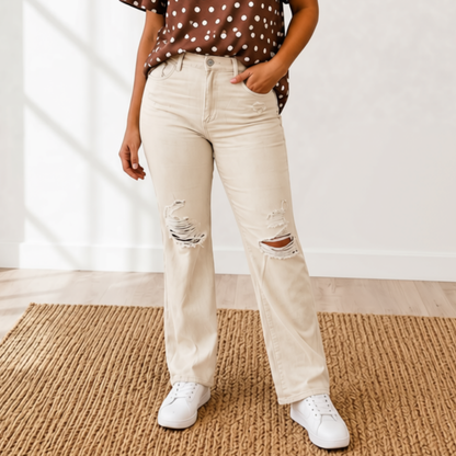 Judy Blue High Rise Beige Garment Dyed Destroy 90's Straight- Final Sale - SV Boutique & Co.