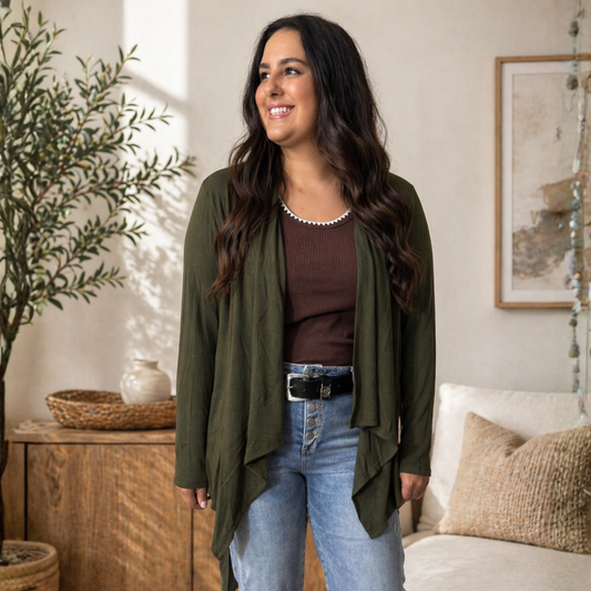 Soft Drape Open Front  Olive Cardigan - SV Boutique & Co.