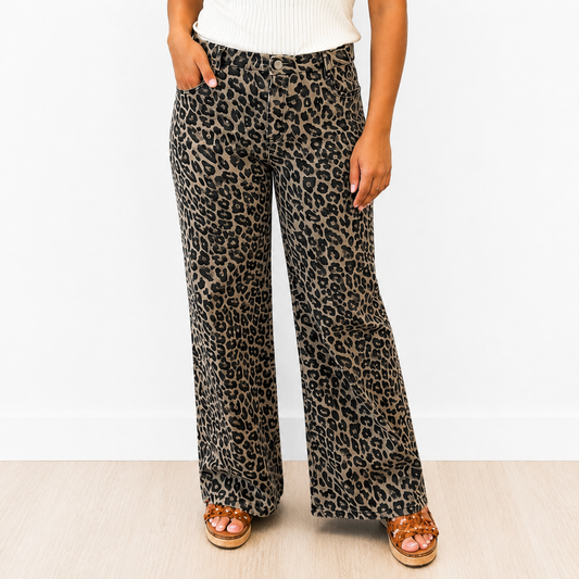 RISEN RUN THE WILD MID RISE WIDE LEG LEOPARD JEANS