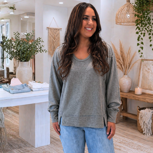 Long Sleeve Cozy Heather Grey Two Toned Thermal Andree By Unit - SV Boutique & Co.