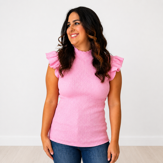 Pink Petals Ribbed Flutter Sleeve Top Final Sale