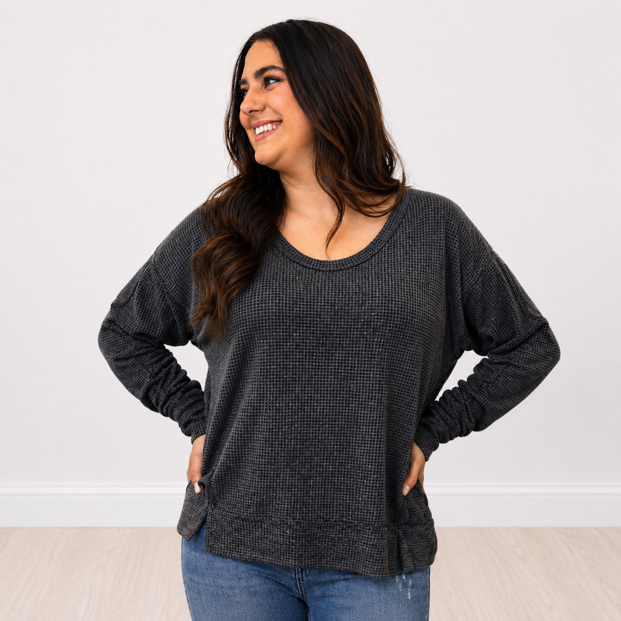 Long Sleeve Black Cozy Two Toned Thermal Andree By Unit- FINAL SALE