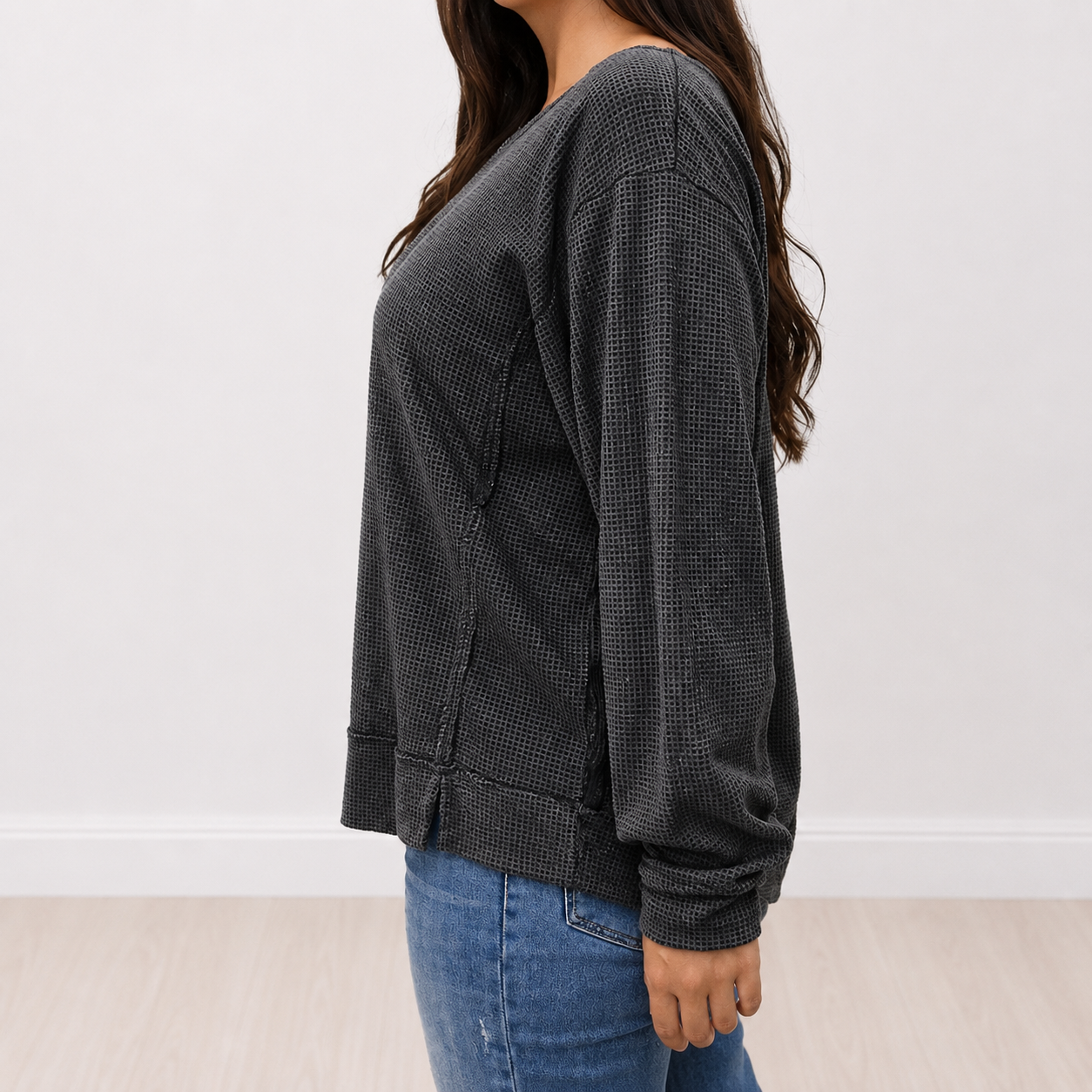 Long Sleeve Black Cozy Two Toned Thermal Andree By Unit- FINAL SALE