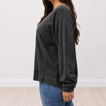 Long Sleeve Black Cozy Two Toned Thermal Andree By Unit- FINAL SALE