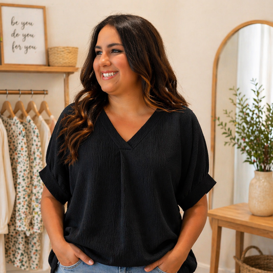 Black V-Neck Short Sleeve Crinkle Top - SV Boutique & Co.
