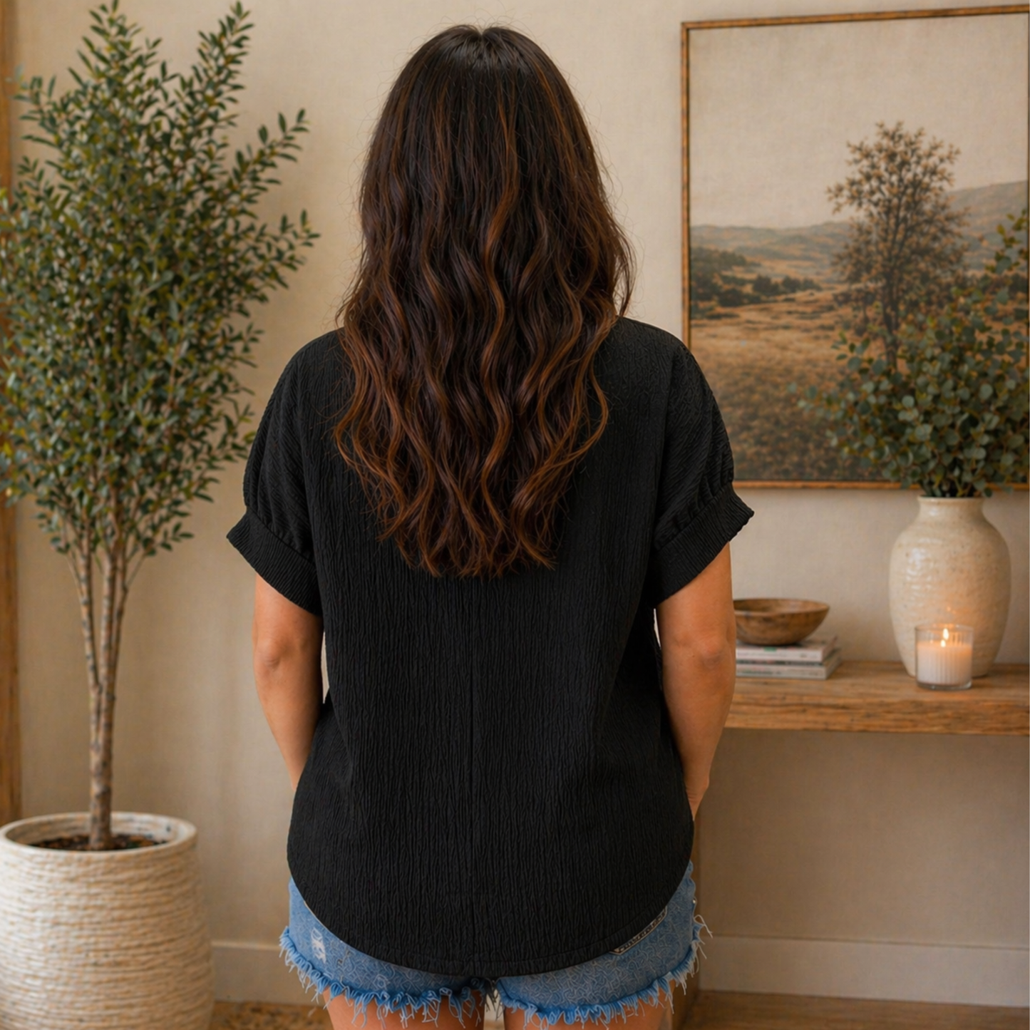 Black V-Neck Short Sleeve Crinkle Top - SV Boutique & Co.