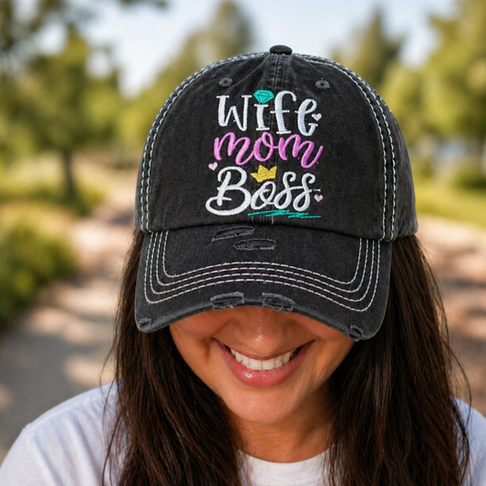 Wife Mom Boss Distressed Ball Cap - SV Boutique & Co.