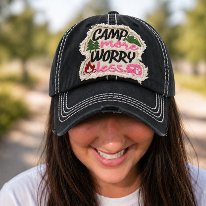 Camp More Worry Less Distressed Baseball Cap - SV Boutique & Co.