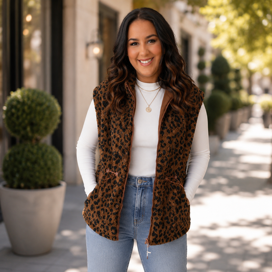 Leopard Sherpa Reversible Zip Vest