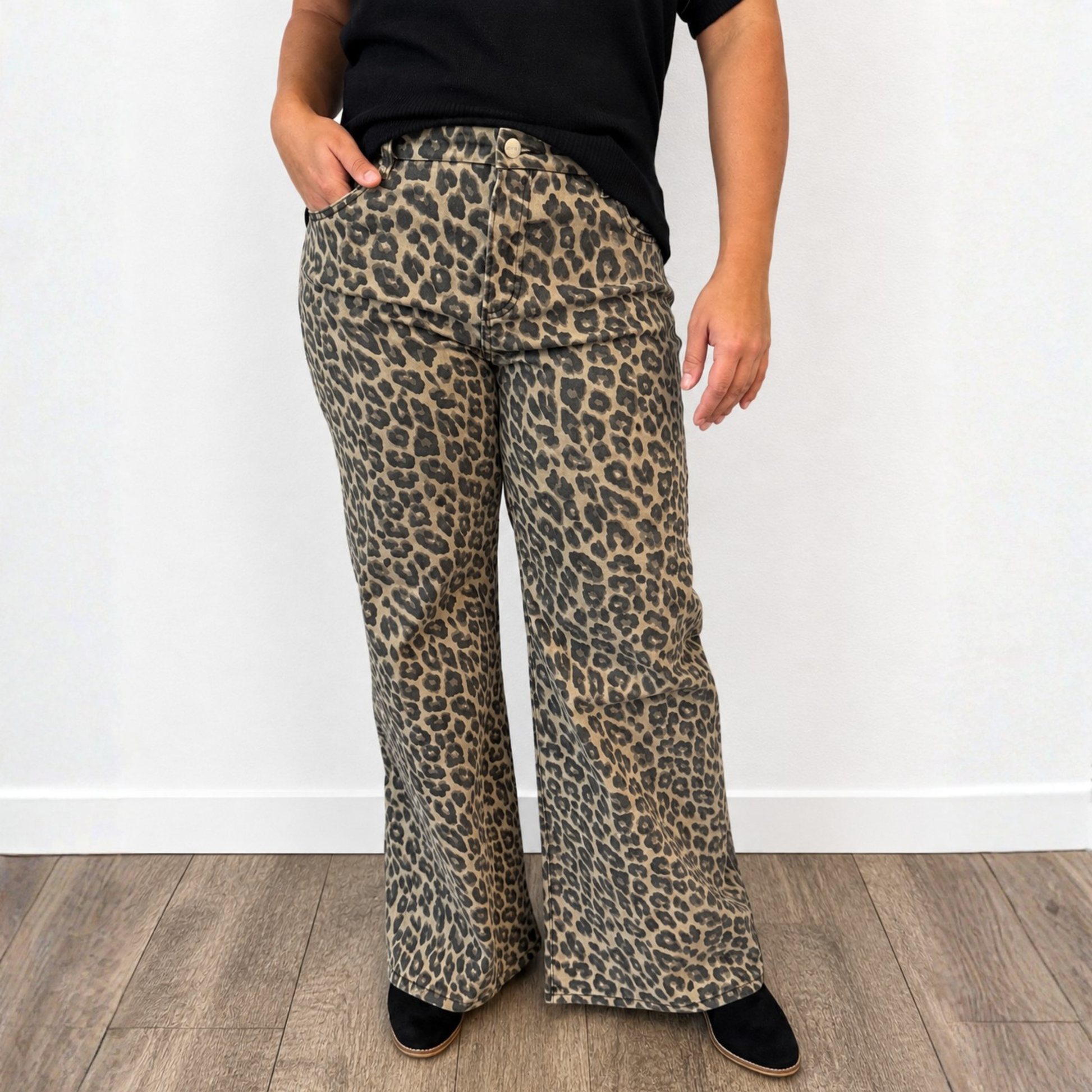 RISEN RUN THE WILD MID RISE WIDE LEG LEOPARD JEANS - SV Boutique & Co.