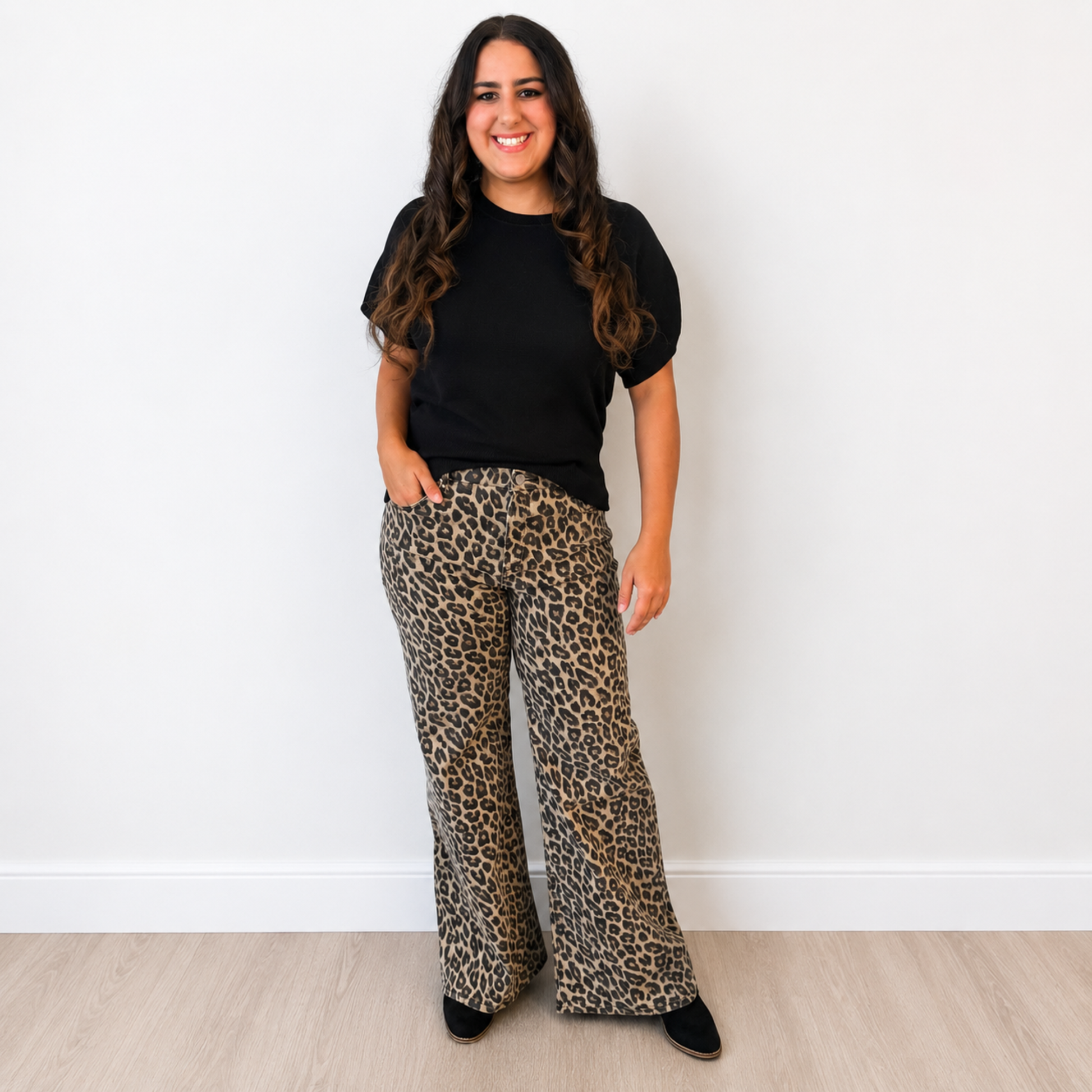 RISEN RUN THE WILD MID RISE WIDE LEG LEOPARD JEANS - SV Boutique & Co.